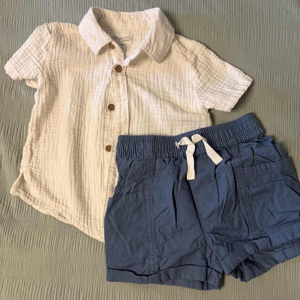 Carter's Cream Gauze Button-Up Shirt and Blue Drawstring Shorts Set